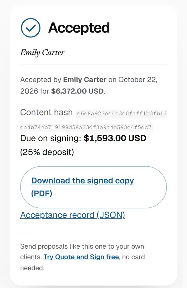 The accepted proposal: who accepted, when, the total, the content fingerprint and a link to the signed PDF.