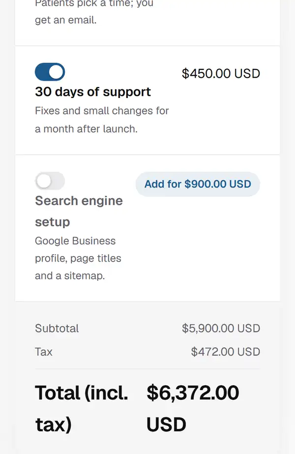 On a phone, the client switches on an optional line and the total updates to $6,372.00 including tax.