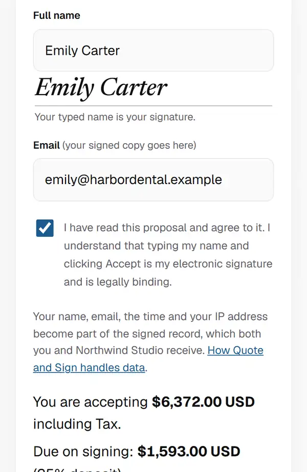 The client types their full name, adds their email and ticks the consent box to accept the proposal.