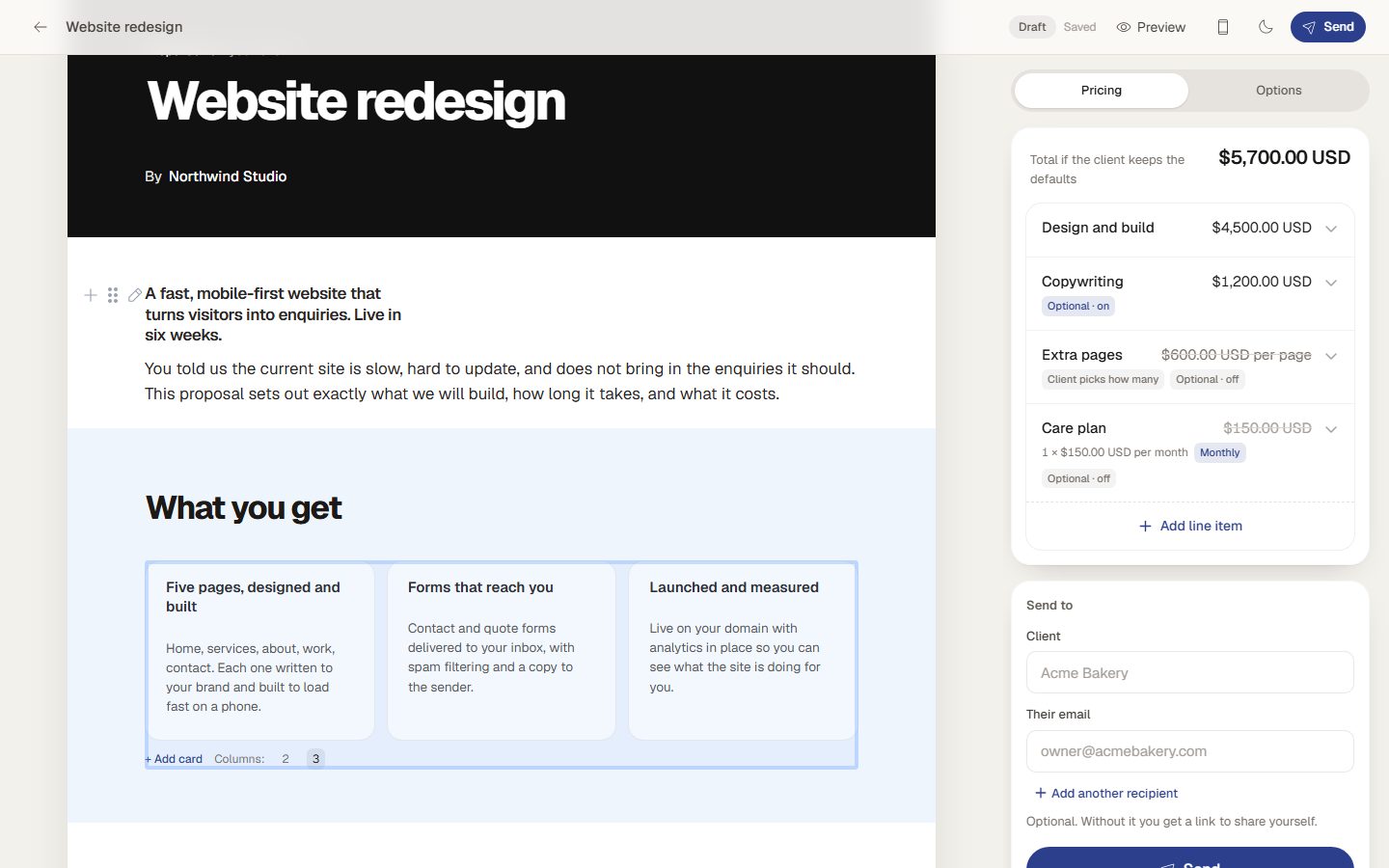 The editor: the proposal as a page on the left, pricing lines with optional items on the right