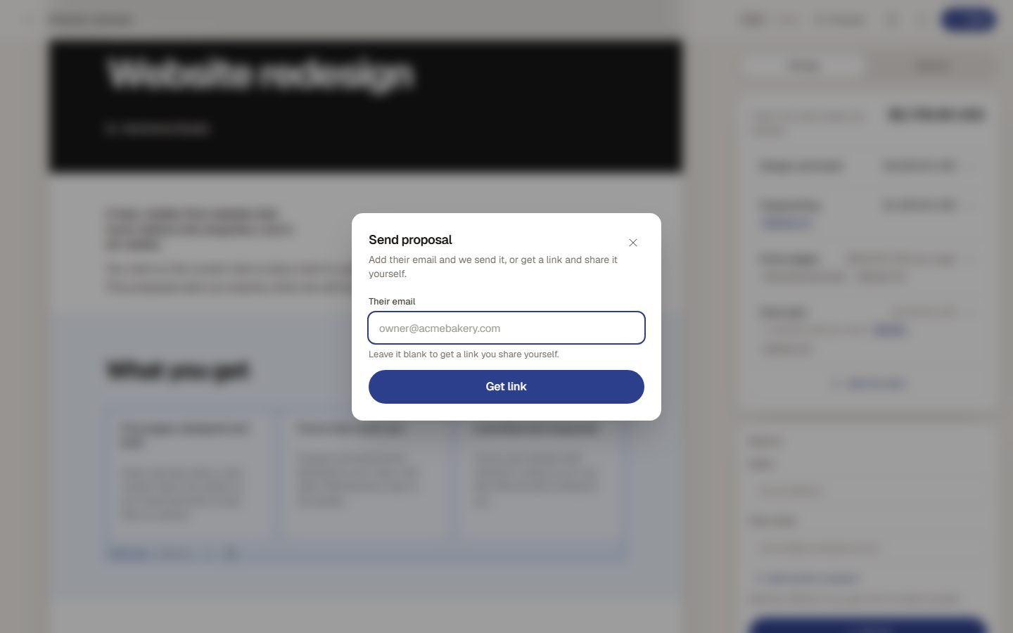 The send dialog with the client link ready to copy