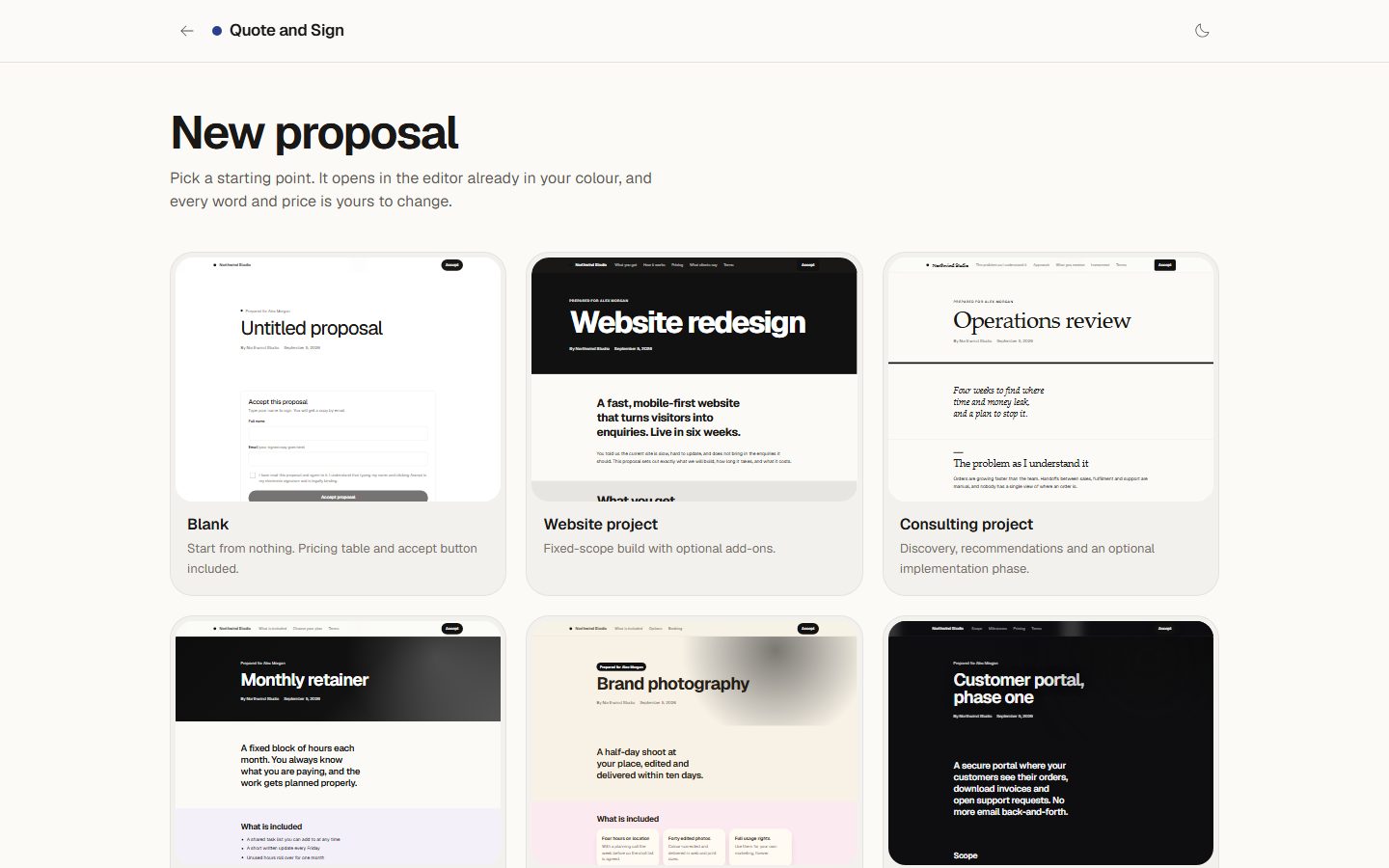 Choosing a template: Website project, Consulting project, Monthly retainer, Photography package, Software build